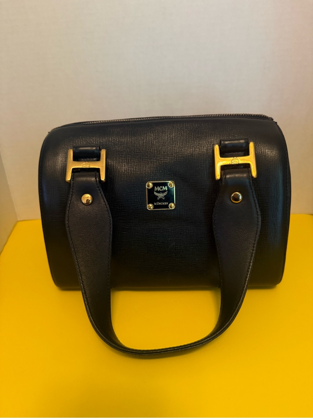 MCM Black Leather Satchel with Gold Hardware